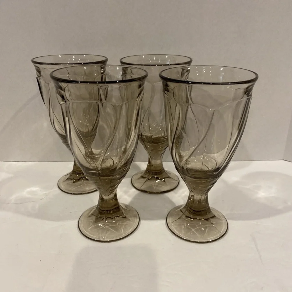 VTG Noritake Sweet Swirl Tawny Brown/Amber/Sepia/Smoke Water Goblets MCM